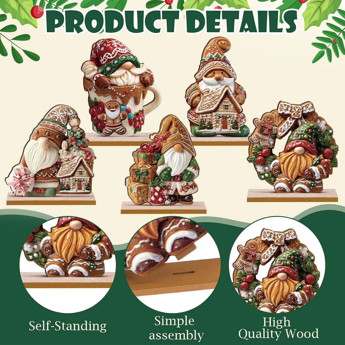 Gingerbread Christmas Table Decorations, 5 Pack Wooden Gnome Centerpieces With Bases for Home and Tray Decor