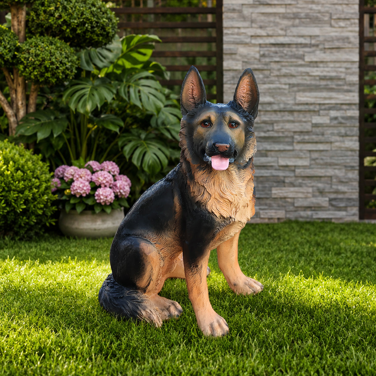 German Shepherd Dog Statue, Lifelike Resin Garden Sculpture, Brown, 18.9 in Outdoor Lawn Decor
