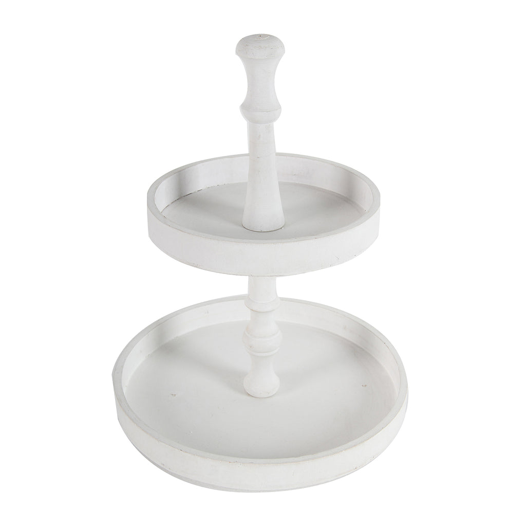Two-Tiered Round Wooden Tray, White Farmhouse Tiered Serving Stand, 11.8 x 15.4 in.