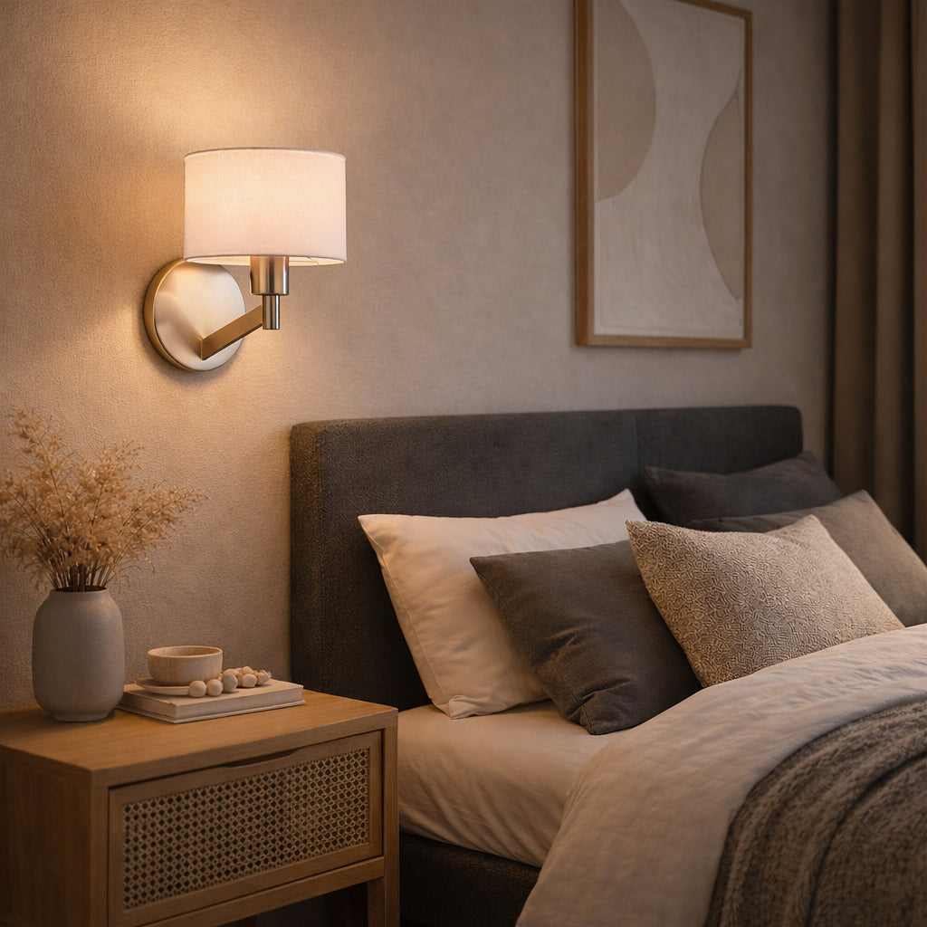 Brushed Nickel Wall Sconce With White Fabric Drum Shade and Rotary Switch, Modern 1-Light Wall Lamp