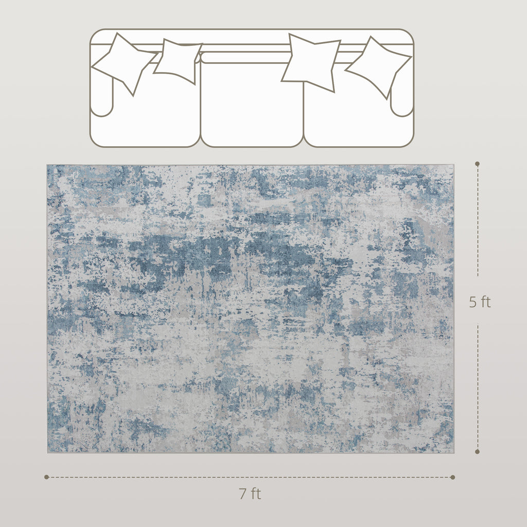 Area Rug 5x7 Machine Washable Non-Slip Blue Abstract Chenille Floor Carpet for Living Room, Bedroom and Dining Room