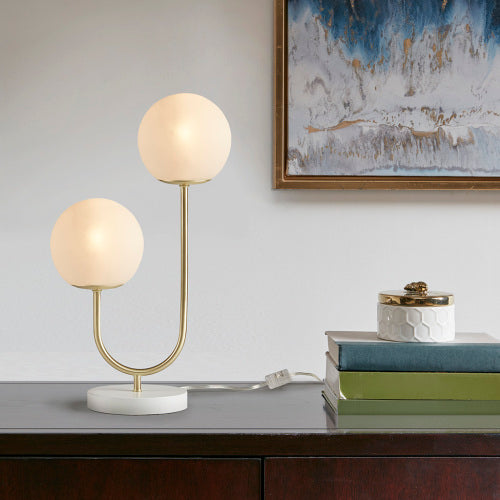 2-Light Globe Table Lamp, Gold Metal With Frosted Glass Globes and White Base, 20 in. Modern Bedside Lamp