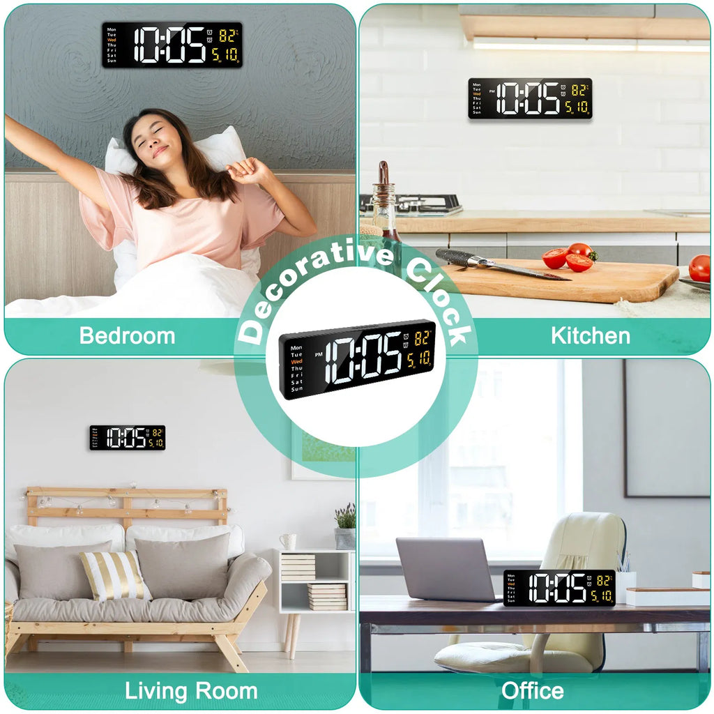 LED Digital Wall Clock, 15.7 in Black Display With Remote, 3 Alarms, Temperature and Calendar