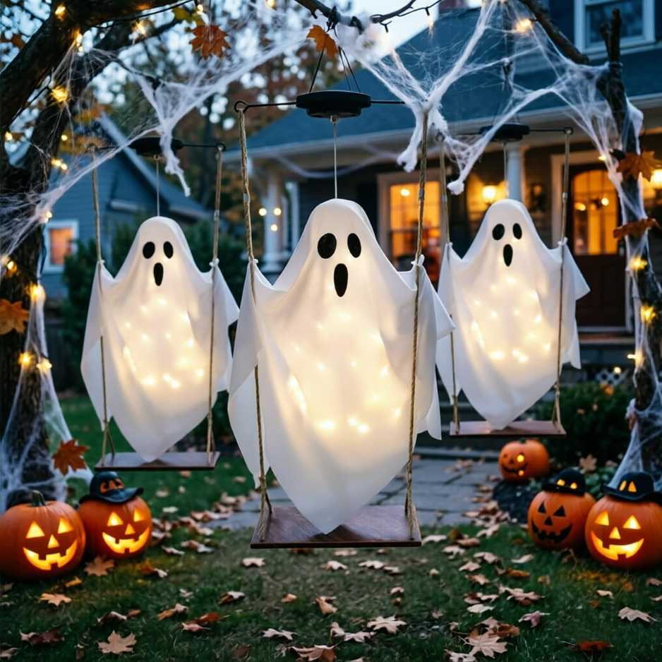 Solar Hanging Ghost Swing Halloween Decorations, 2 Pack Lighted Outdoor Ghost Decor With Warm White LED String Lights