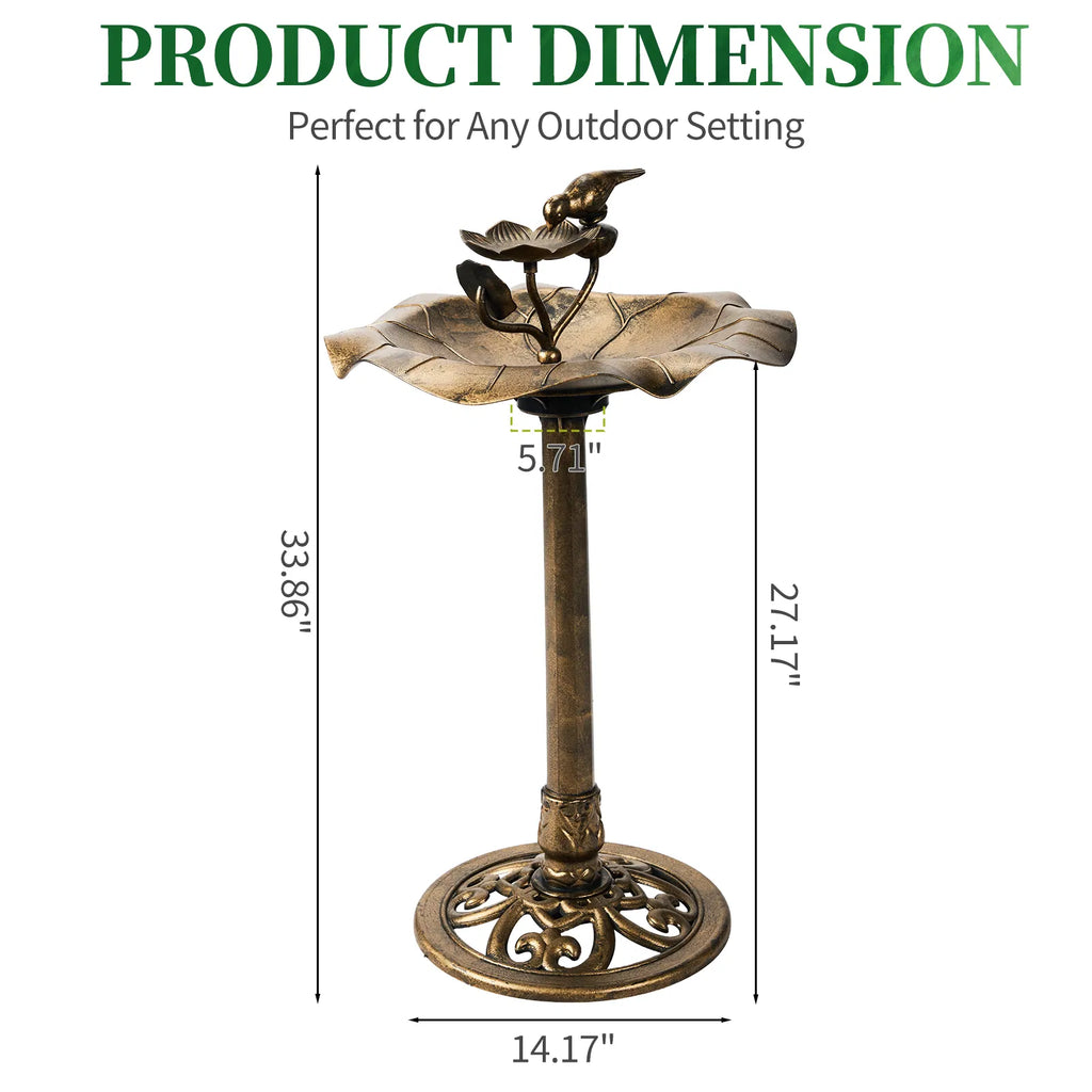 Pedestal Bird Bath with Feeder Tray, Antique Bronze Resin Lotus Leaf Basin, 50 x 50 x 86 cm Garden Birdbath