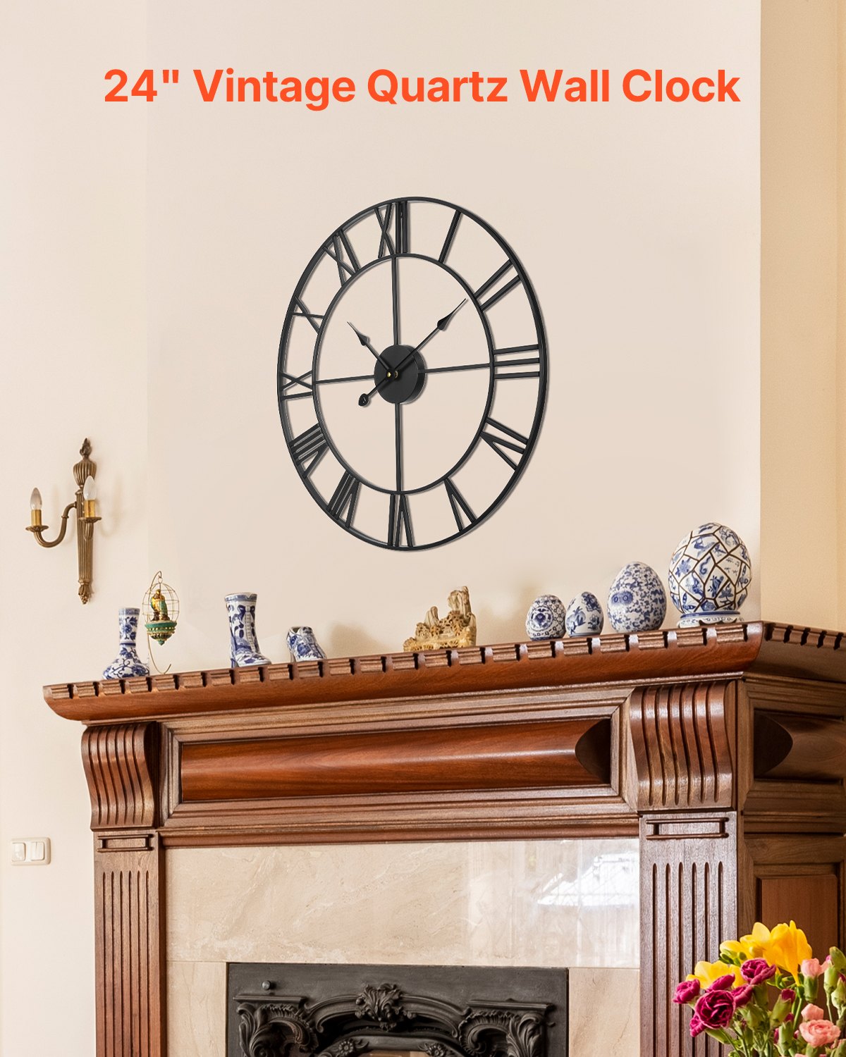 24 Inch Roman Numeral Wall Clock, Black Battery Operated Silent Non-Ticking Round Farmhouse Decor Clock for Living Room