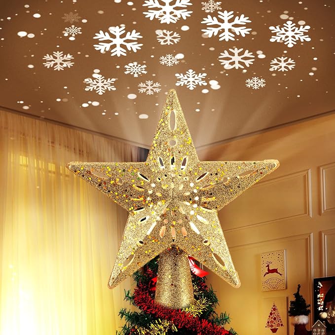Lighted Christmas Star Tree Topper With Snowflake Projector, 10" Gold Glitter LED Treetop Light