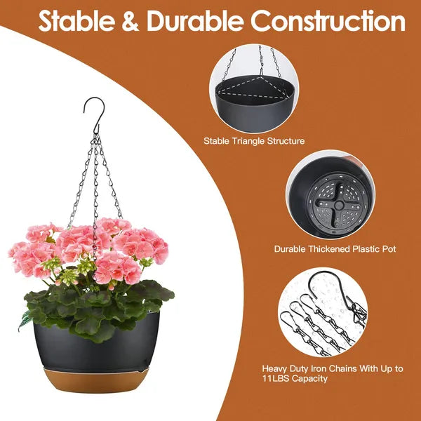 Hanging Planters With Drainage Holes, Set of 4 Self-Watering Plastic Flower Pots, 9.64 In Black and Tan
