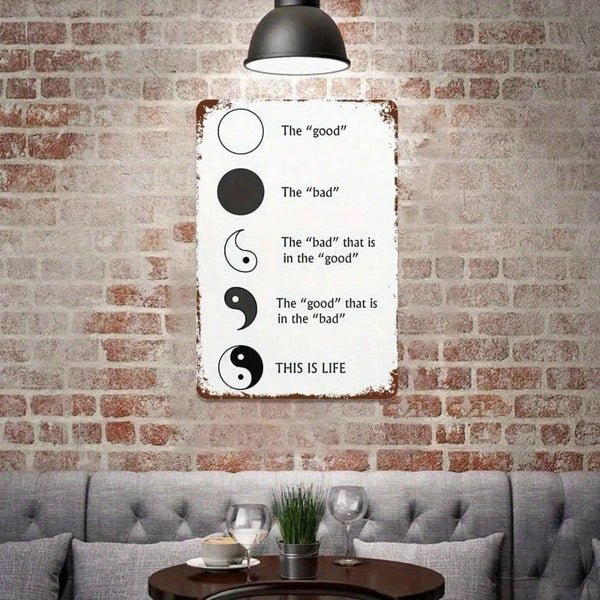Yin and Yang Metal Wall Sign, Black and White Vintage Tin Wall Art Decor, 7.87 x 7.87 In