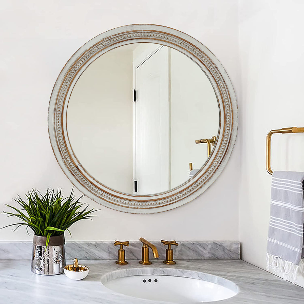Vintage Round Wall Mirror, 23.62" Distressed White Beaded Frame Mirror for Bathroom, Living Room and Entryway