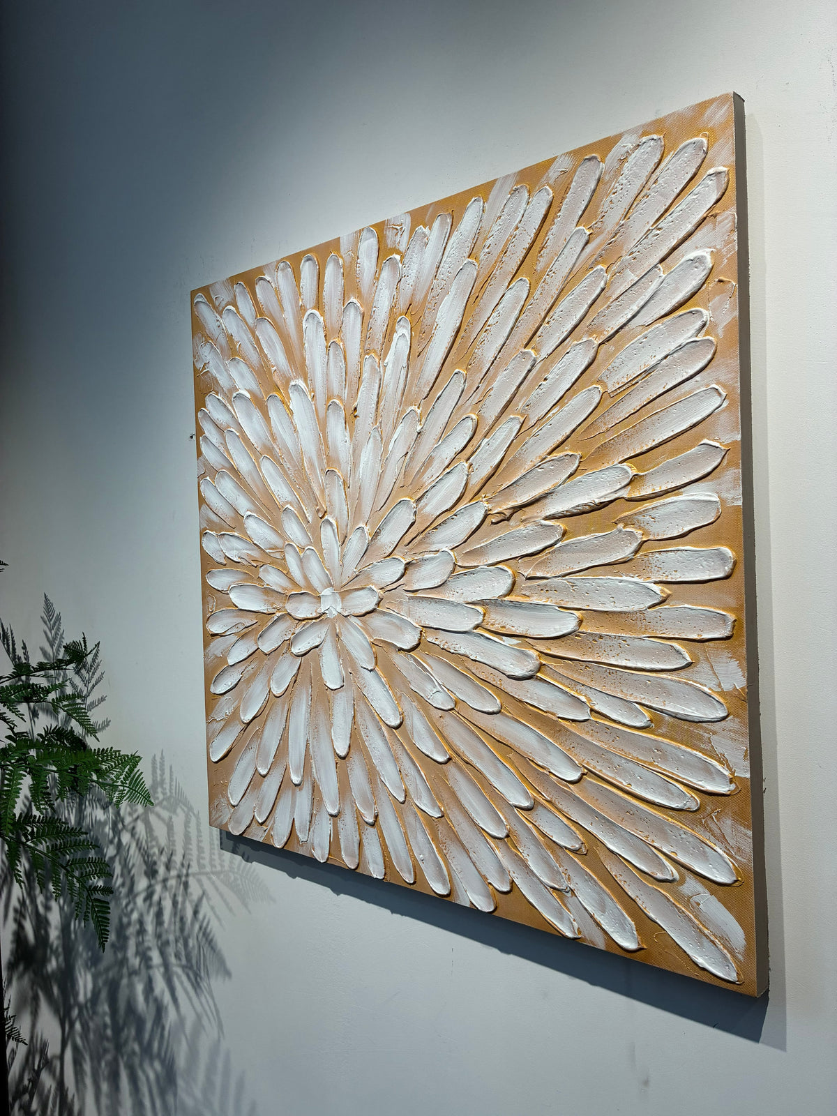 Textured Floral Canvas Wall Art, Set of 2, 32x32 in Antique White and Gold Hand-Painted Impasto Flower Paintings