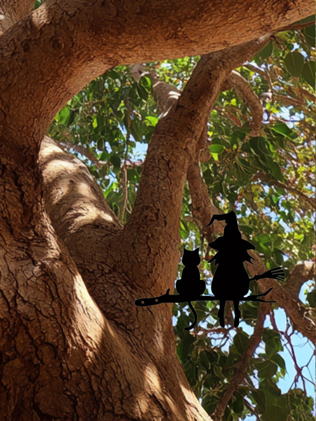 Witch and Cat Metal Silhouette Garden Stake, Black Tree Branch Yard Art Decor