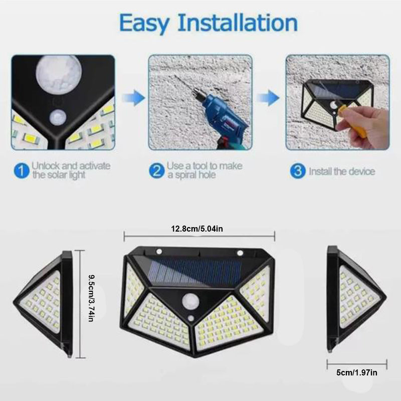 Solar Motion Sensor Outdoor Wall Lights, 100 LED Four-Side Security Light, IP65 Waterproof, 2-Pack