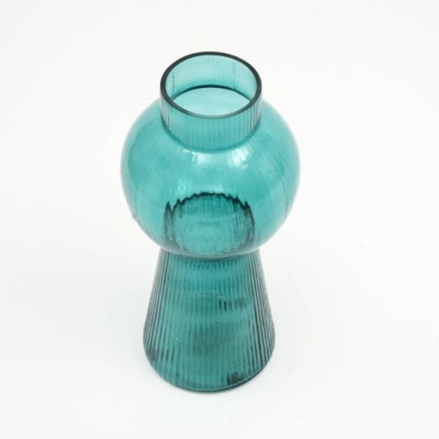 Ribbed Glass Vase, 5 x 12 Inch Tall Teal Green Decorative Flower Vase for Floral Arrangements and Centerpieces