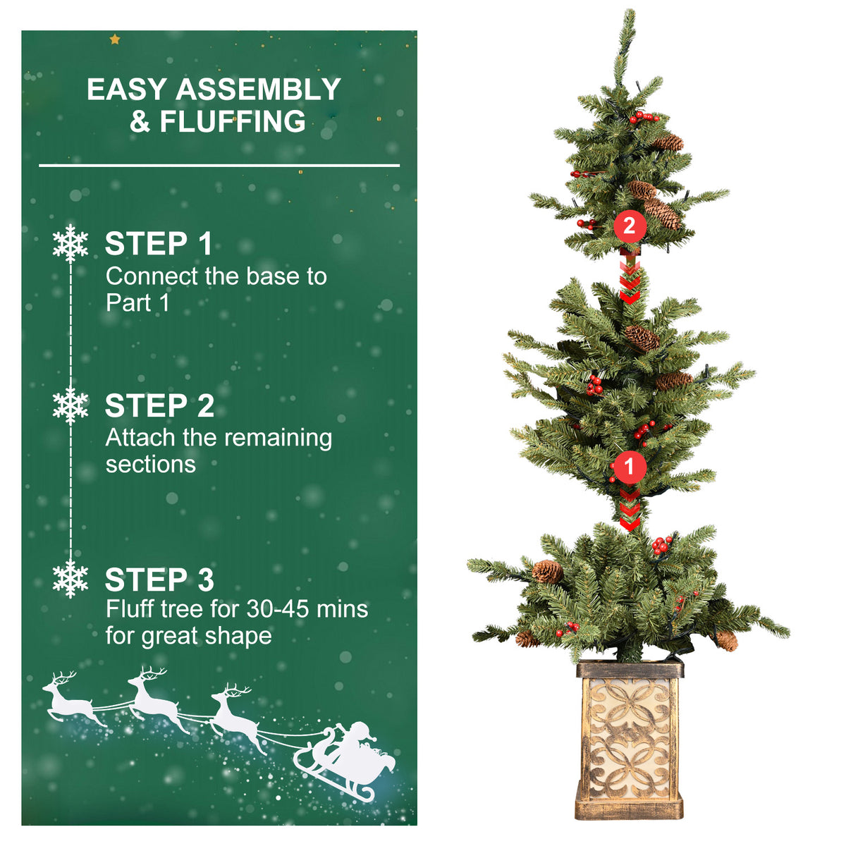 4 Ft Pre-Lit Potted Christmas Tree, Slim Artificial Porch Tree With Multicolor Lights, Pine Cones and Red Berries