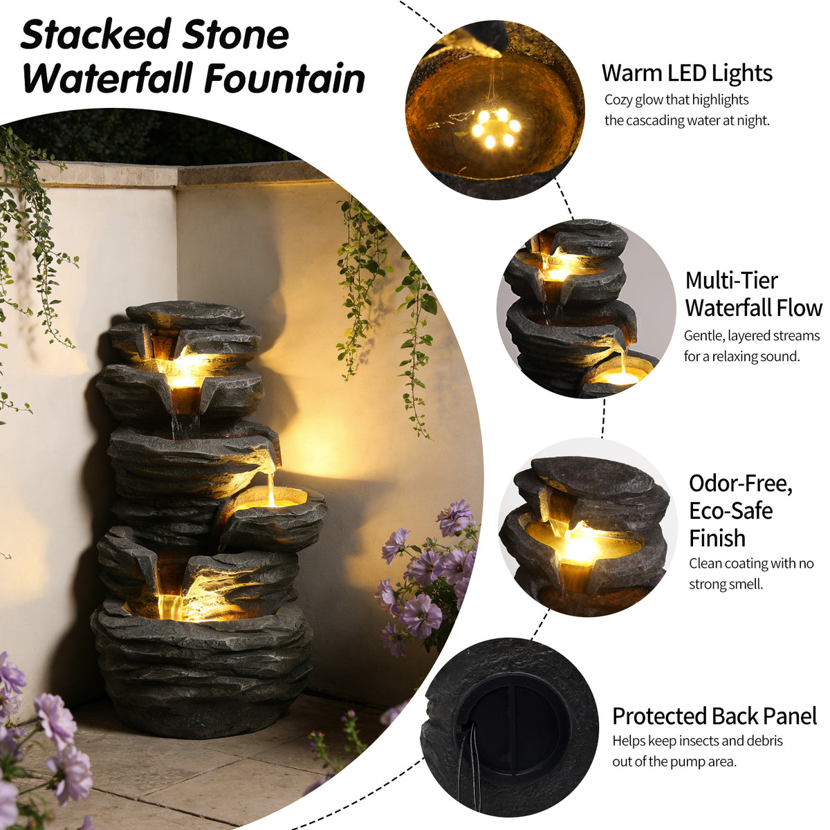 Outdoor Waterfall Fountain With LED Lights, Gray Resin Stacked Rock Cascading Water Feature, 25.6 In. Garden Decor for Patio and Porch