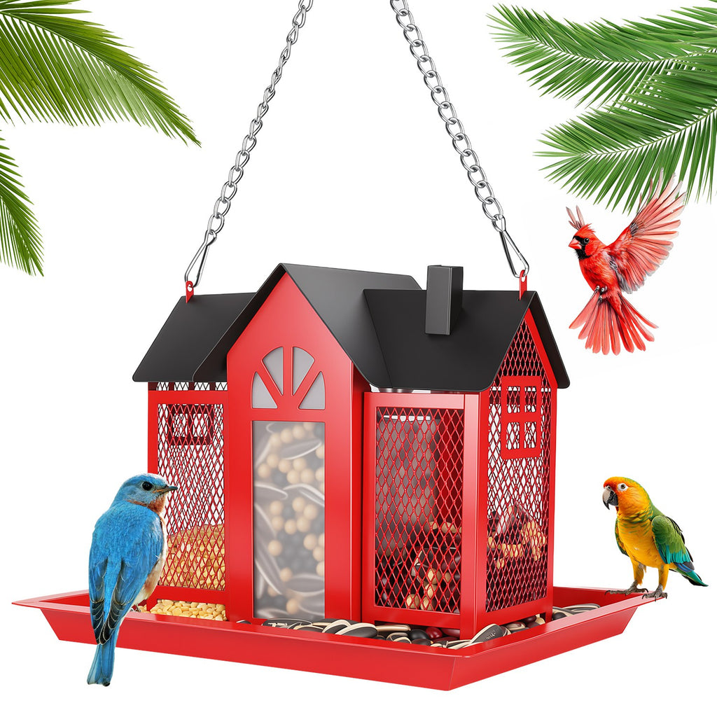 Metal Hanging Bird Feeder House, Barn Style Iron Wild Bird Seed Feeder with Visible Window and Lift-Top Lid, 15.75 in Chain, White or Red