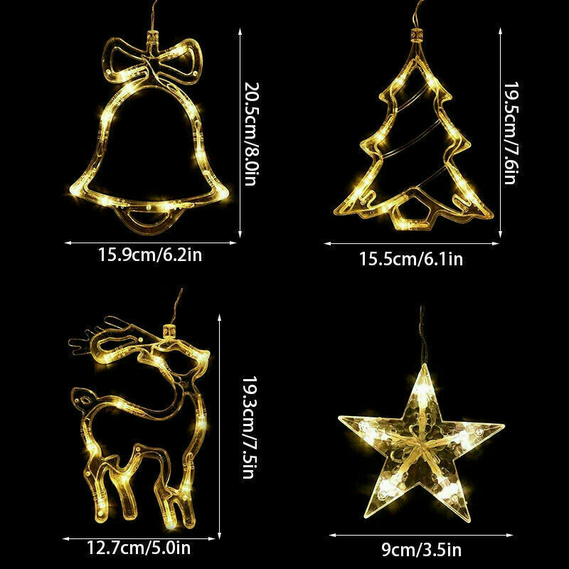 LED Christmas Curtain String Lights, Star Bell Tree and Reindeer Window Fairy Lights, Battery or USB Powered