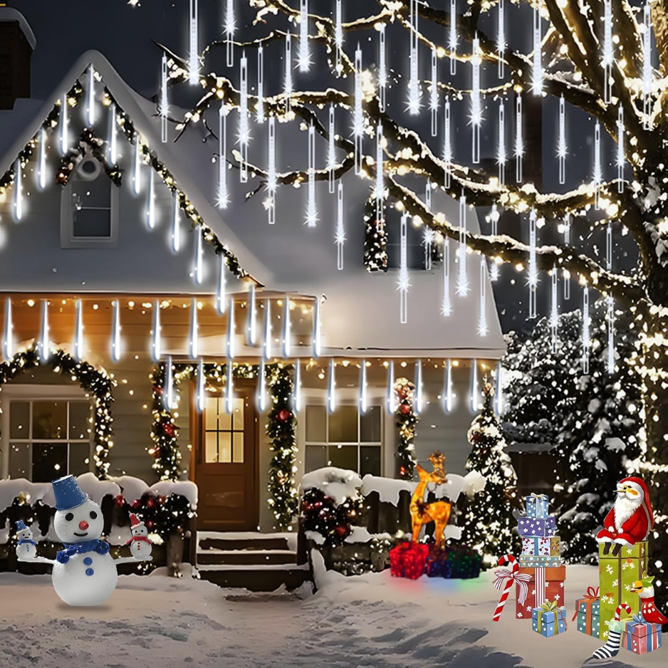 Meteor Shower Lights Outdoor, 8 Tubes 192 LED Falling Rain Icicle String Lights, 12 Inch Cascading Snow Lights, White