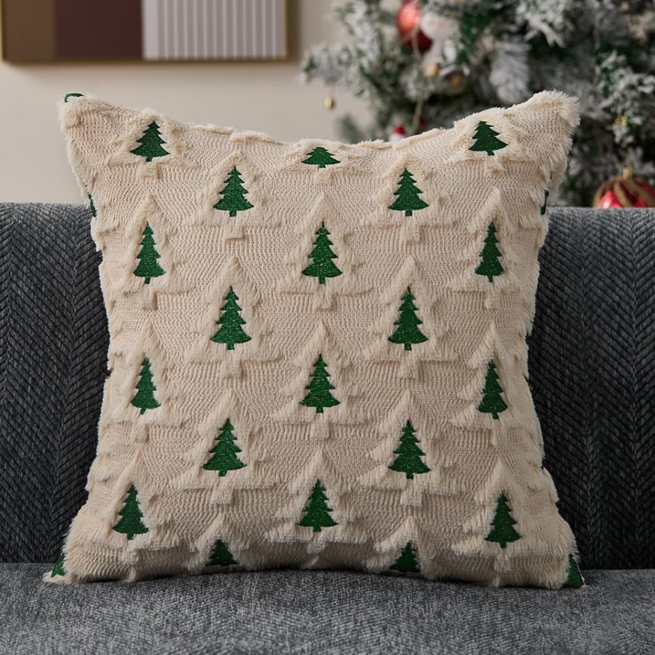 Christmas Tree Pillow Covers 18x18, Set of 2 Beige Plush Faux Fur Throw Pillow Cases with Hidden Zipper
