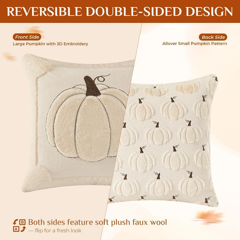 Fall Throw Pillow Covers Set of 2, Reversible Beige Pumpkin Faux Fur Plush Cushion Covers, 18 x 18 Inch