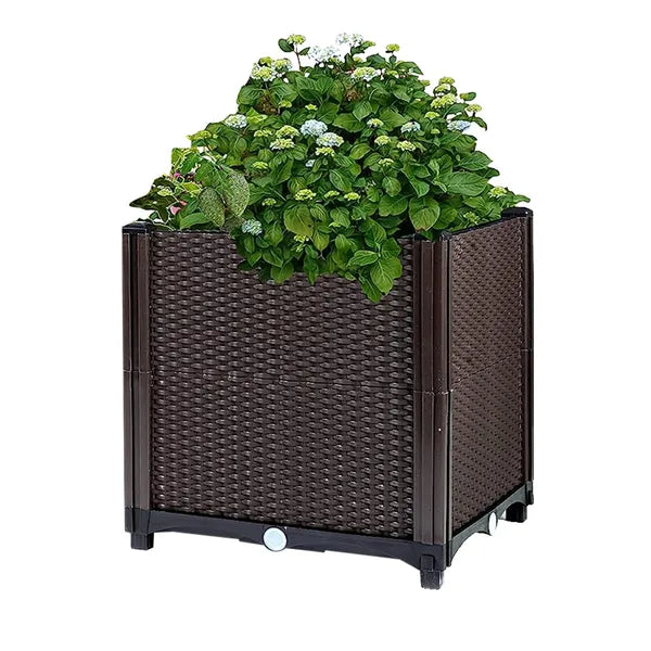 Raised Garden Bed With Self-Watering Tray, Brown Rattan-Look Planter Box for Patio, Balcony, Vegetables and Herbs