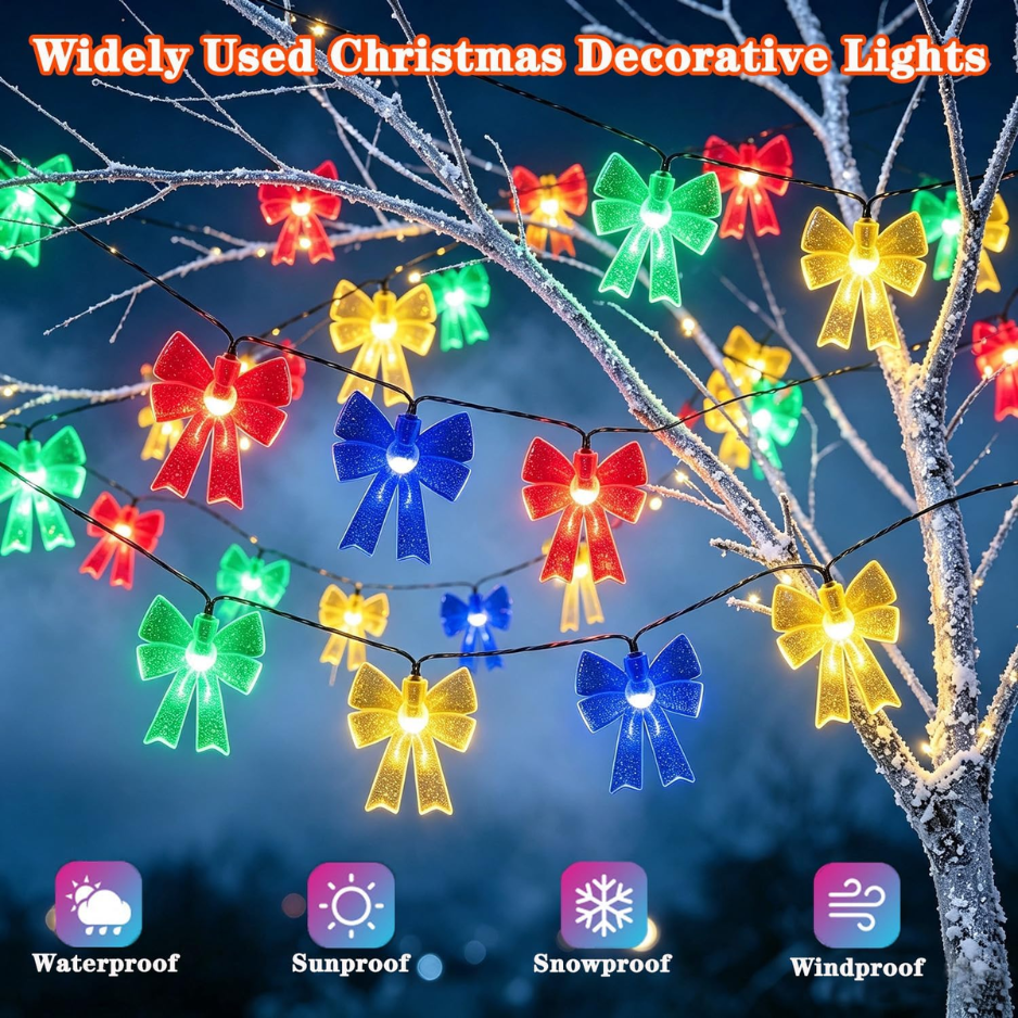 Solar Bow String Lights, 50 LED Multicolor Christmas Fairy Lights, 30.68 ft Waterproof Outdoor Garden Decor with 8 Modes
