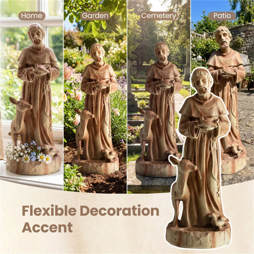 Saint Francis Garden Statue With Built-In Bird Feeder, 24.5" Brown Magnesium Oxide Outdoor Sculpture