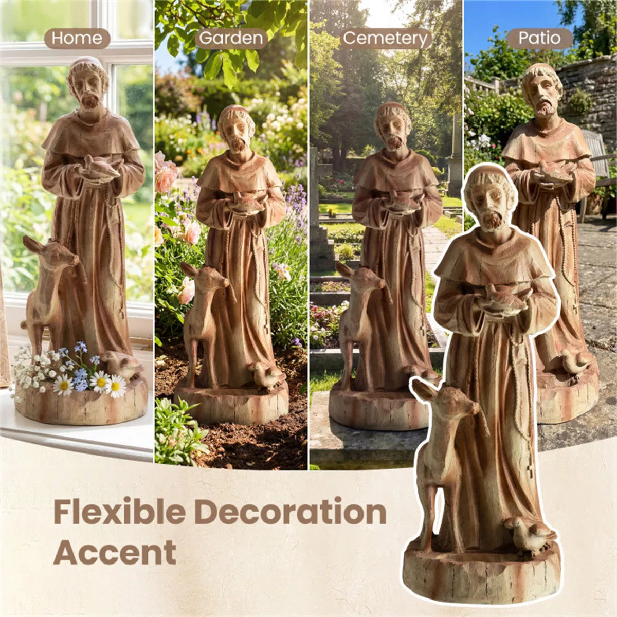 Saint Francis Garden Statue With Built-In Bird Feeder, 24.5" Brown Magnesium Oxide Outdoor Sculpture