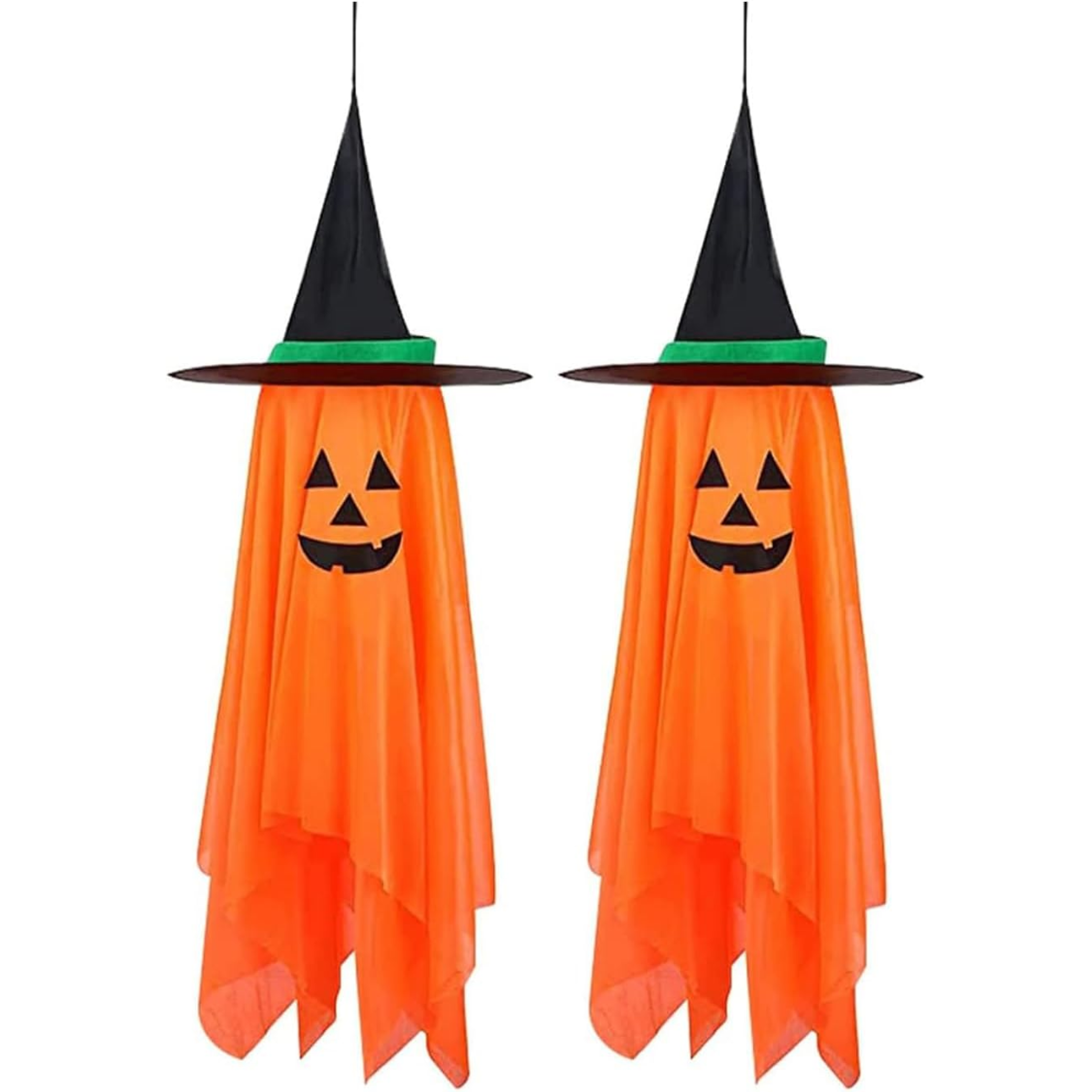 Hanging Pumpkin Witch Hat Halloween Decorations, Set of 2 Orange Jack-O'-Lantern Ornaments for Porch, Yard, Tree, and Party