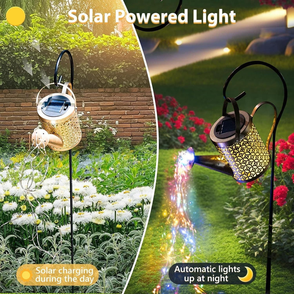Solar Watering Can With Cascading String Lights, Metal Garden Stake Lantern With 32" Shepherd Hook, Waterproof Outdoor Pathway Decor