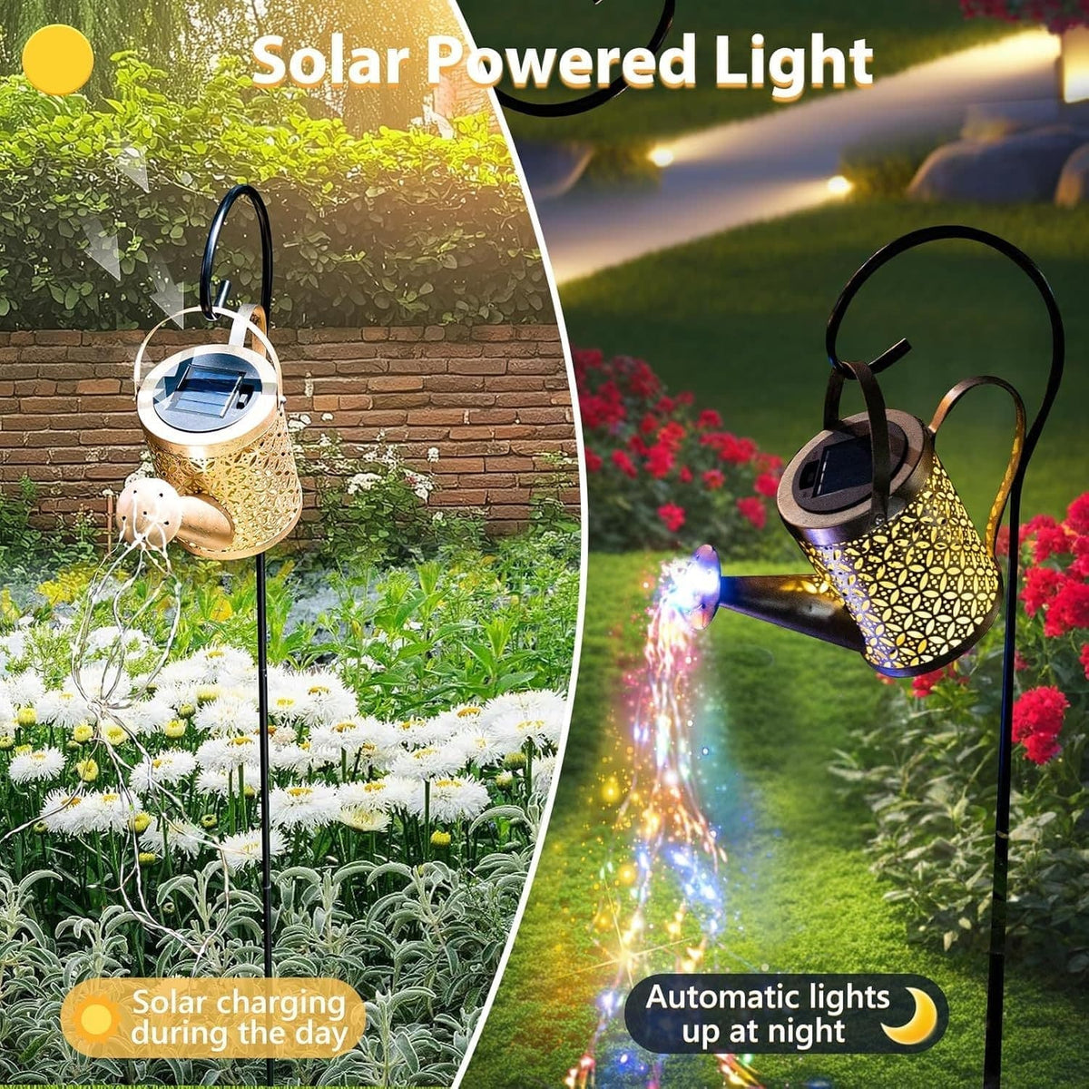 Solar Watering Can With Cascading String Lights, Metal Garden Stake Lantern With 32" Shepherd Hook, Waterproof Outdoor Pathway Decor