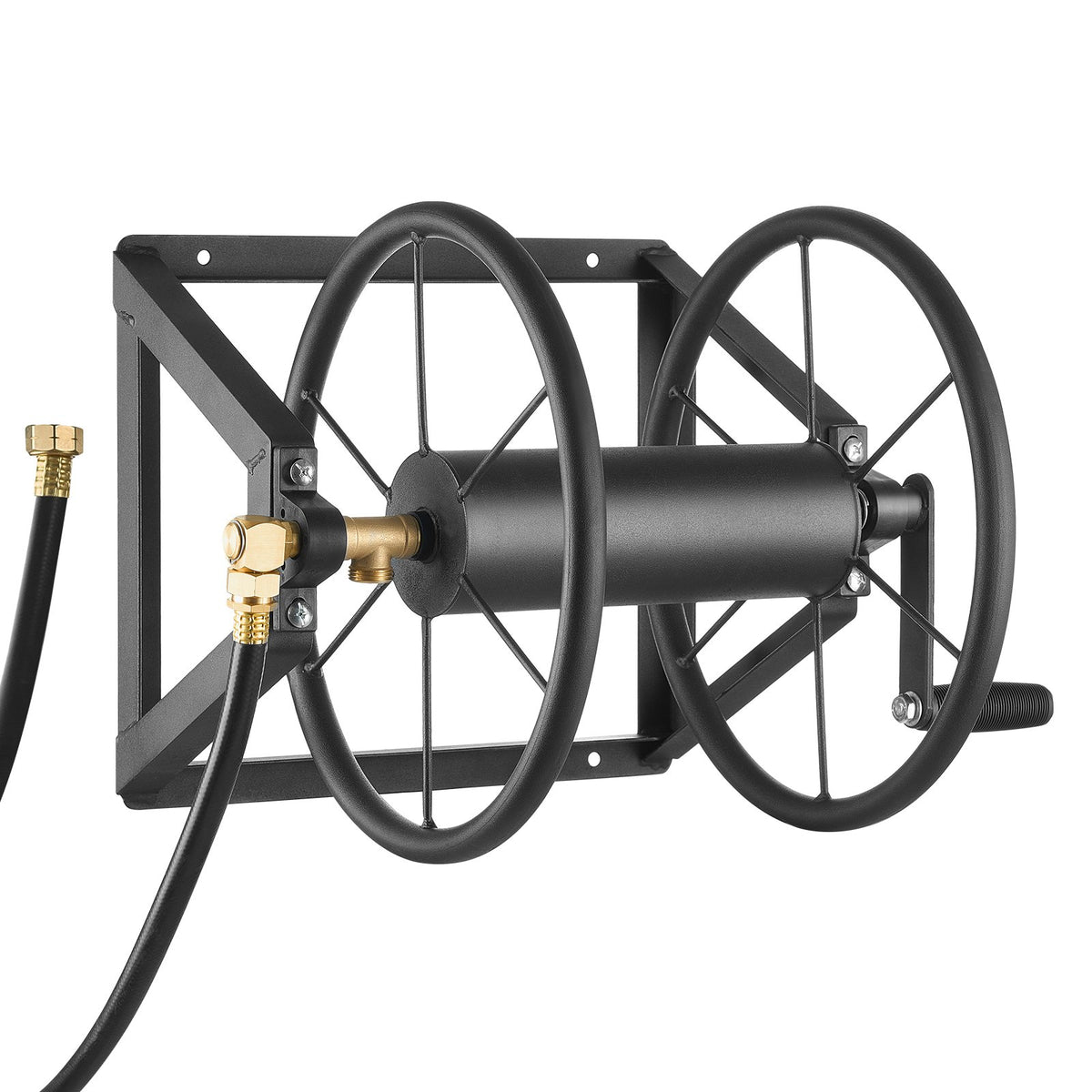 Wall Mounted Garden Hose Reel, Black Metal Manual Hose Winder With Brass Fitting, Holds Up to 200 ft
