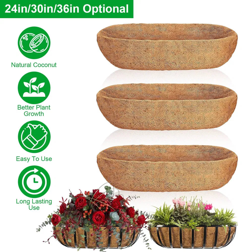 Coco Liners for Window Box Planters, 3 Pack Coconut Fiber Trough Basket Liners in 24, 30 and 36 Inch
