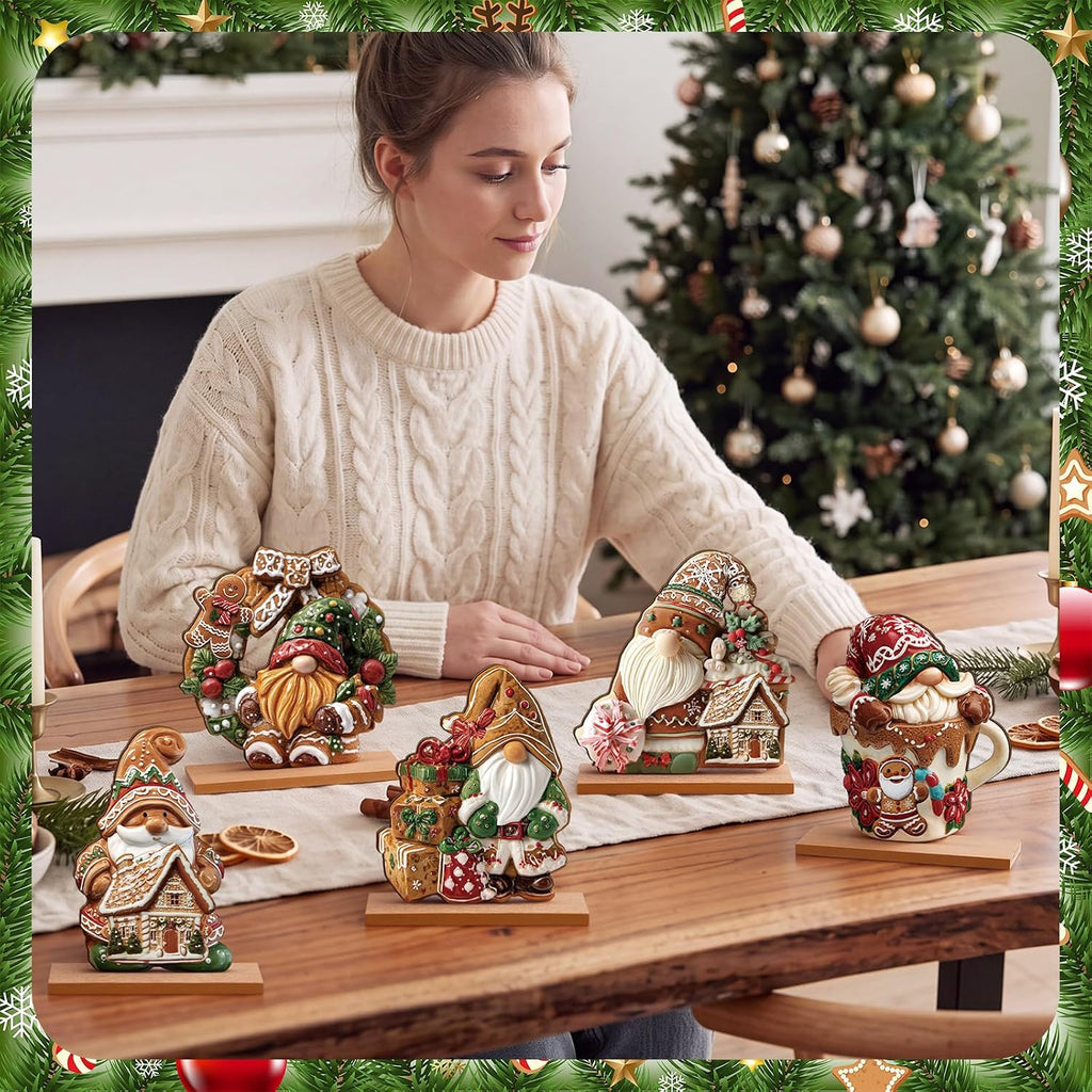 Gingerbread Christmas Table Decorations, 5 Pack Wooden Gnome Centerpieces With Bases for Home and Tray Decor