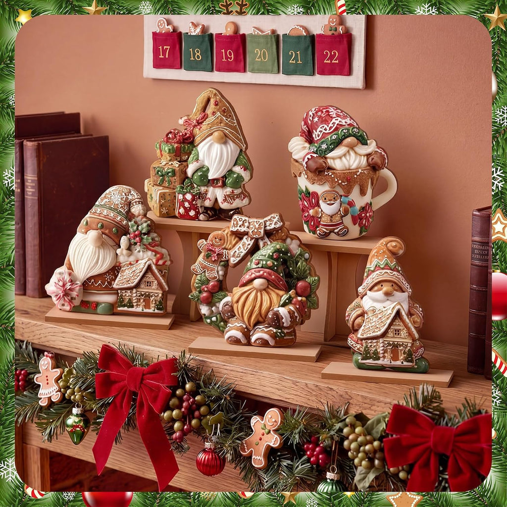 Gingerbread Christmas Table Decorations, 5 Pack Wooden Gnome Centerpieces With Bases for Home and Tray Decor