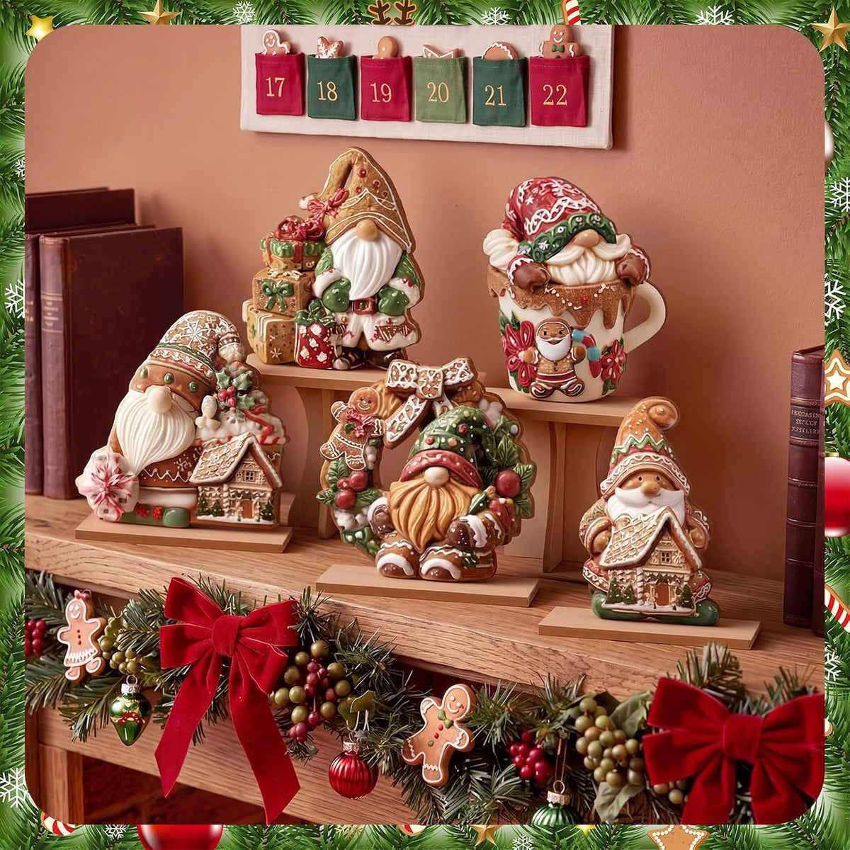 Gingerbread Christmas Table Decorations, 5 Pack Wooden Gnome Centerpieces With Bases for Home and Tray Decor