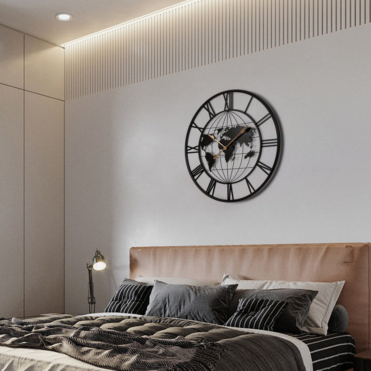 36 Inch Large Metal Wall Clock, Black World Map Design With Gold Hands, Oversized Roman Numeral Decor for Living Room