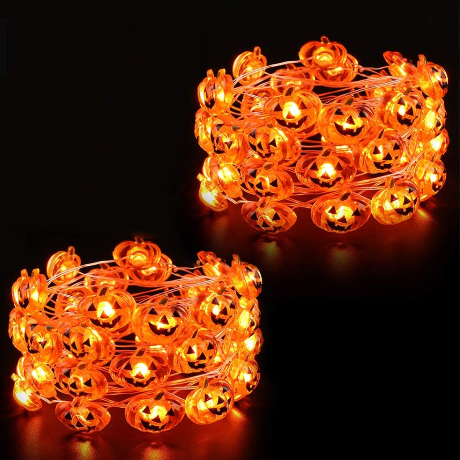 Halloween Pumpkin String Lights, 2 Pack Battery Operated LED Jack-O'-Lantern Lights, 40 LEDs Each, 12.7 ft Orange Indoor Outdoor Decor