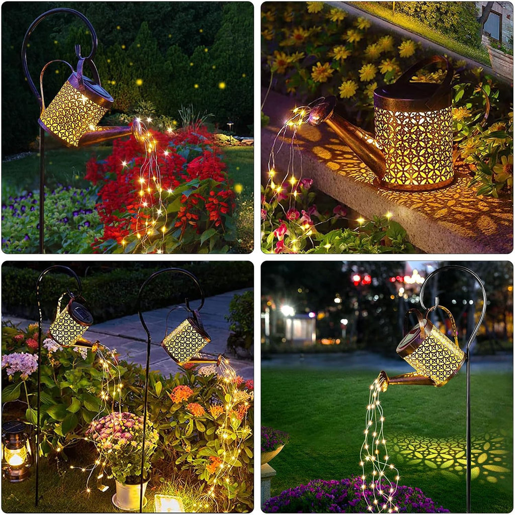 Solar Watering Can String Lights, 2 Pack Hanging Garden Lanterns With Shepherd Stakes, Warm White LED Outdoor Decor