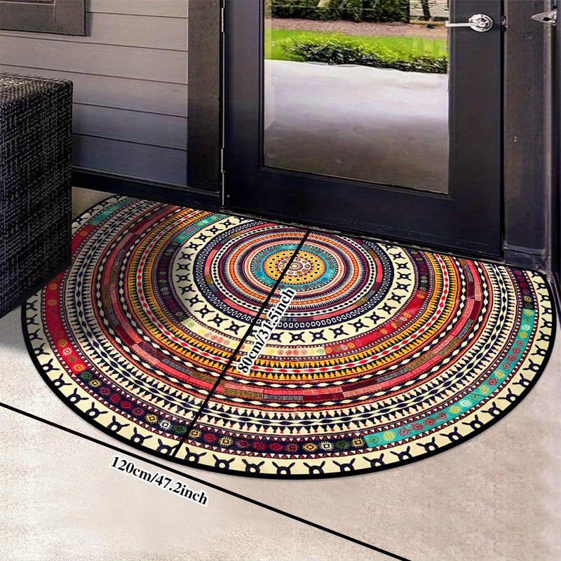 Bohemian Half Round Door Mat, Mandala Semi Circle Non-Slip Entryway Rug in Multicolor, 3 Sizes
