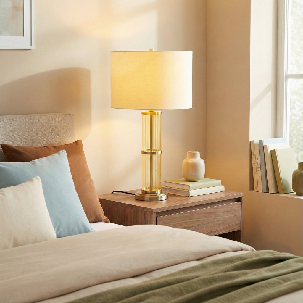 Brushed Nickel Table Lamp With Clear Glass Body, White Linen Drum Shade, 30 In. Bedside Lamp