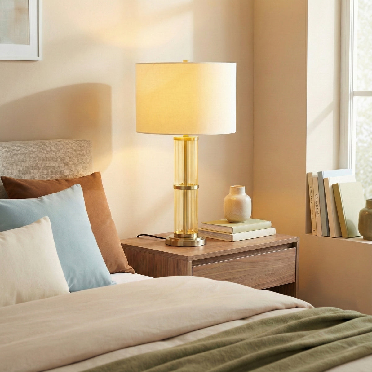 Brushed Nickel Table Lamp With Clear Glass Body, White Linen Drum Shade, 30 In. Bedside Lamp