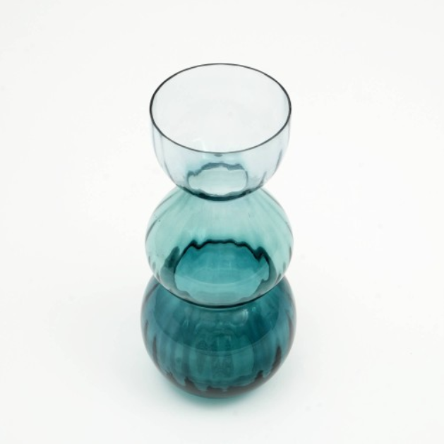 Green Glass Bauble Vase, Handblown Stacked Bubble Decorative Vase, 6.5" x 14" Teal Statement Centerpiece