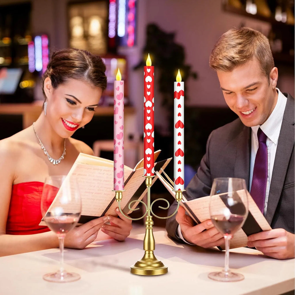 Flameless Taper Candles, Set of 6 Valentine Heart LED Candlesticks in Red, Pink and White, 10.6 Inch Battery Operated Candles