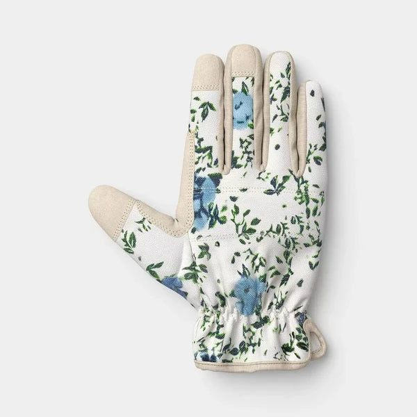 Floral Duck Canvas Garden Gloves, Khaki Blossom Print Work Gloves for Women, One Size