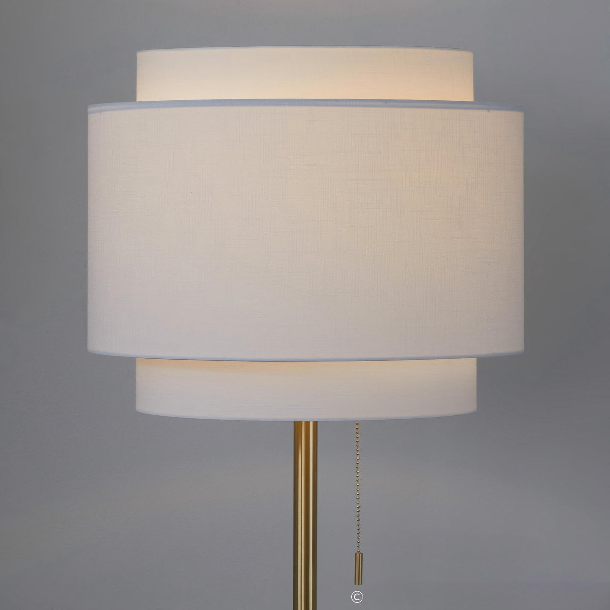 Gold Metal Floor Lamp With Tiered Off-White Linen Shade, 63.5 Inch Contemporary Standing Lamp