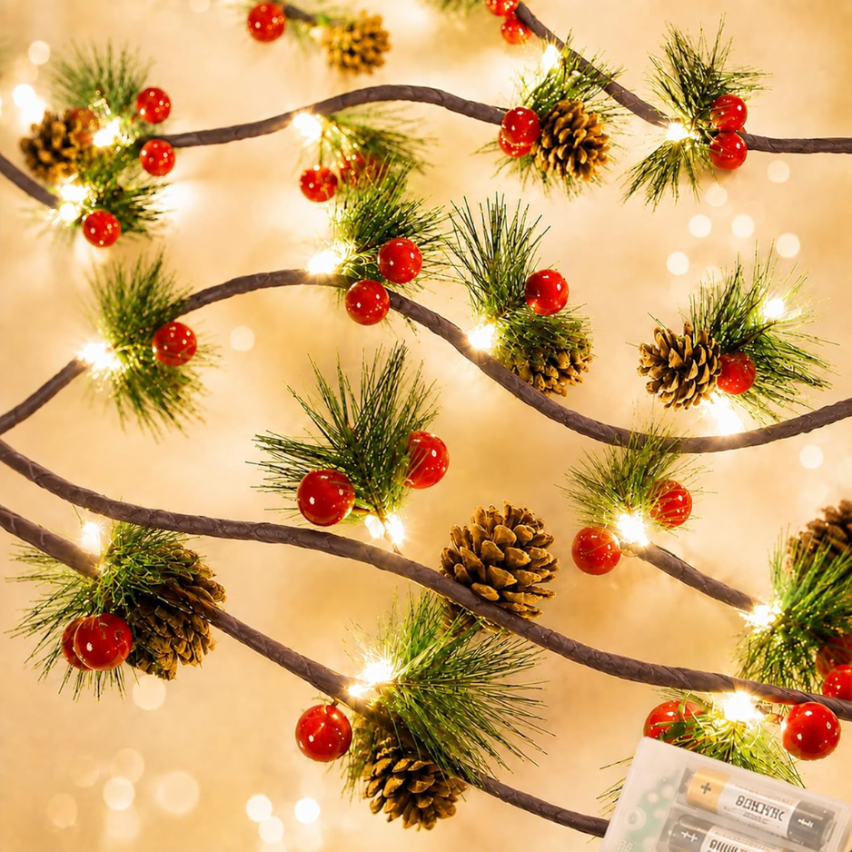 Pine Cone Christmas String Lights, 20 Warm White LED Battery Operated Garland With Red Berries, 6.6 Ft