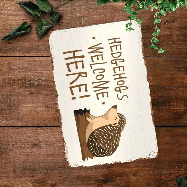 Hedgehog Welcome Here Metal Tin Sign, Distressed Garden Wall Decor for Porch, Fence or Yard