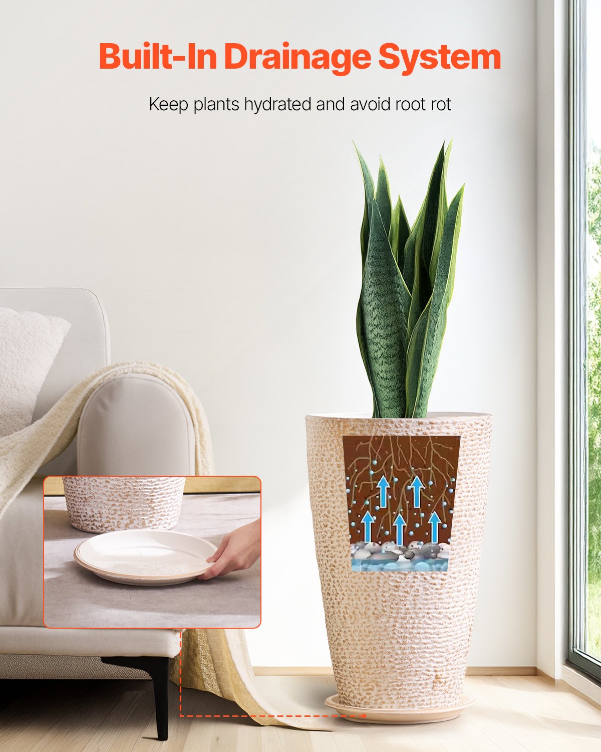 Set of 2 Tall Outdoor Planters, 21" Round Beige Stone Finish Plant Pots With Drainage and Water Trays for Porch and Patio